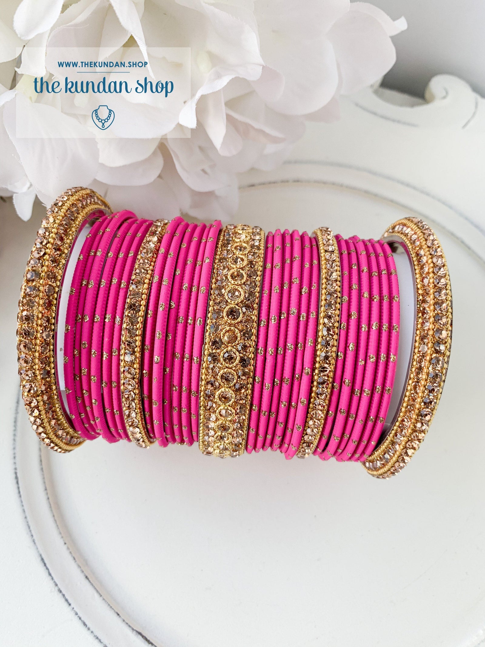Rhinestone & Dotted Bangles in Fuschia Pink Bangles THE KUNDAN SHOP 