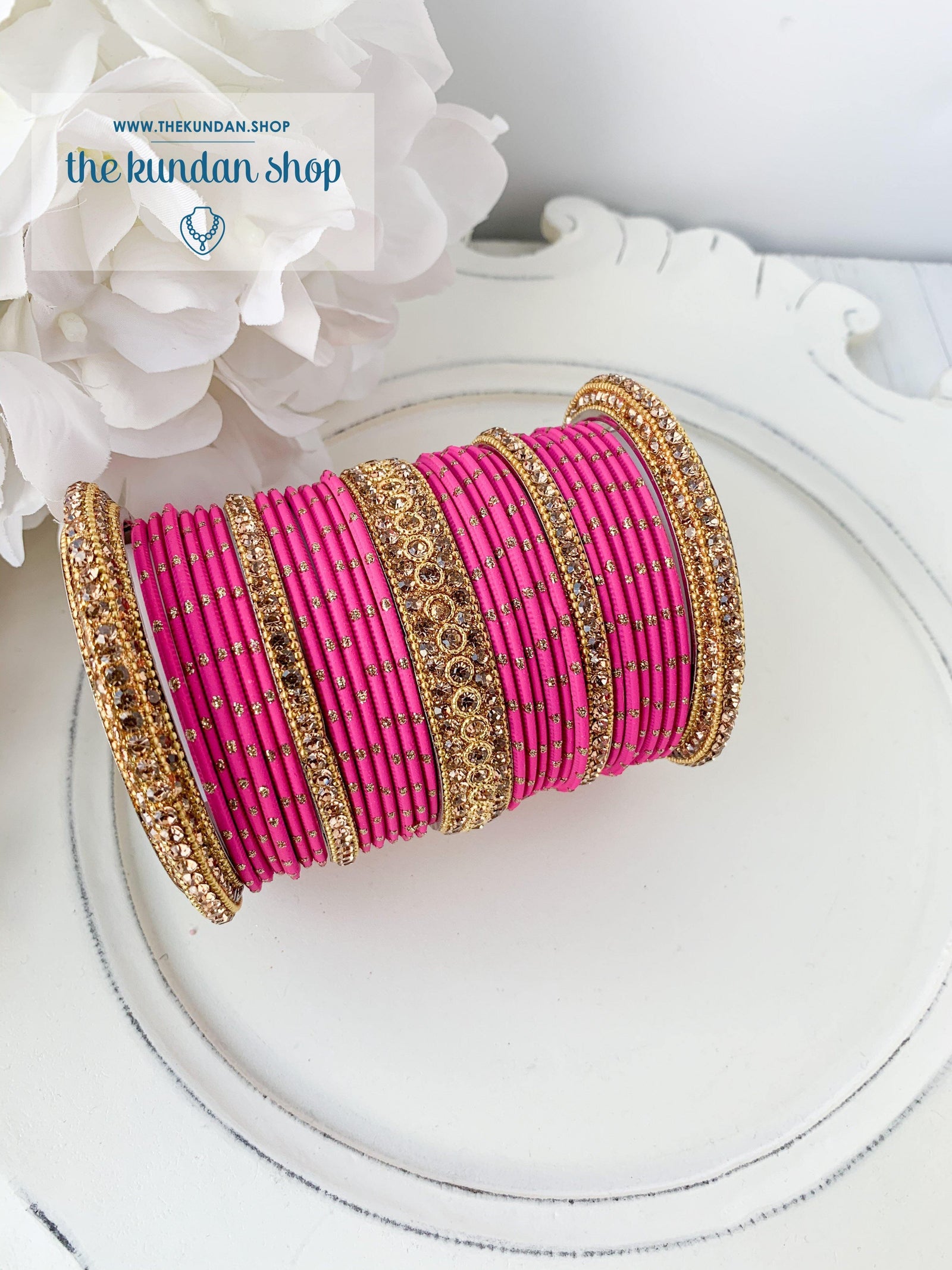 Rhinestone & Dotted Bangles in Fuschia Pink Bangles THE KUNDAN SHOP 