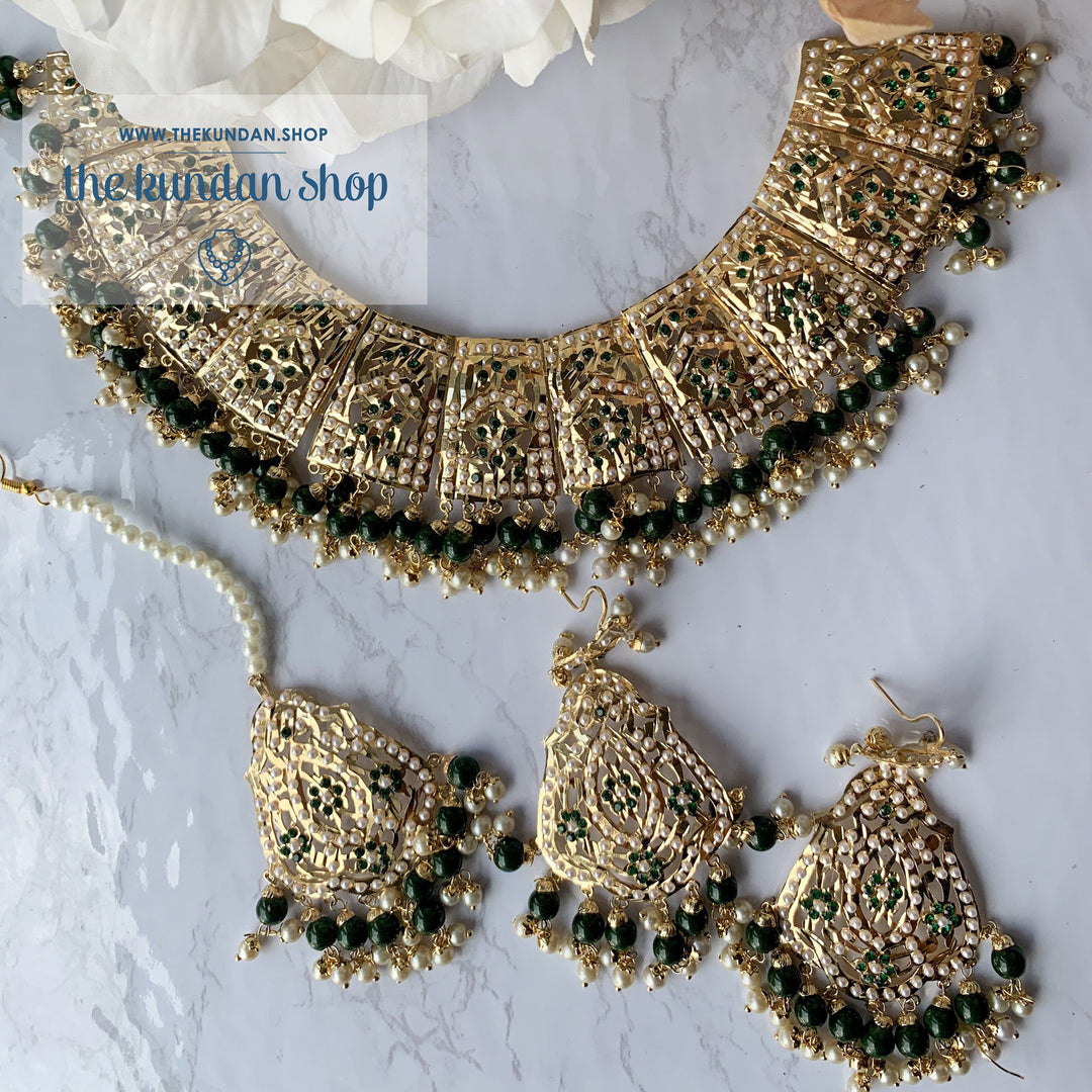 Gleaming in Pearls - Green Jadau Set, Necklace Sets - THE KUNDAN SHOP