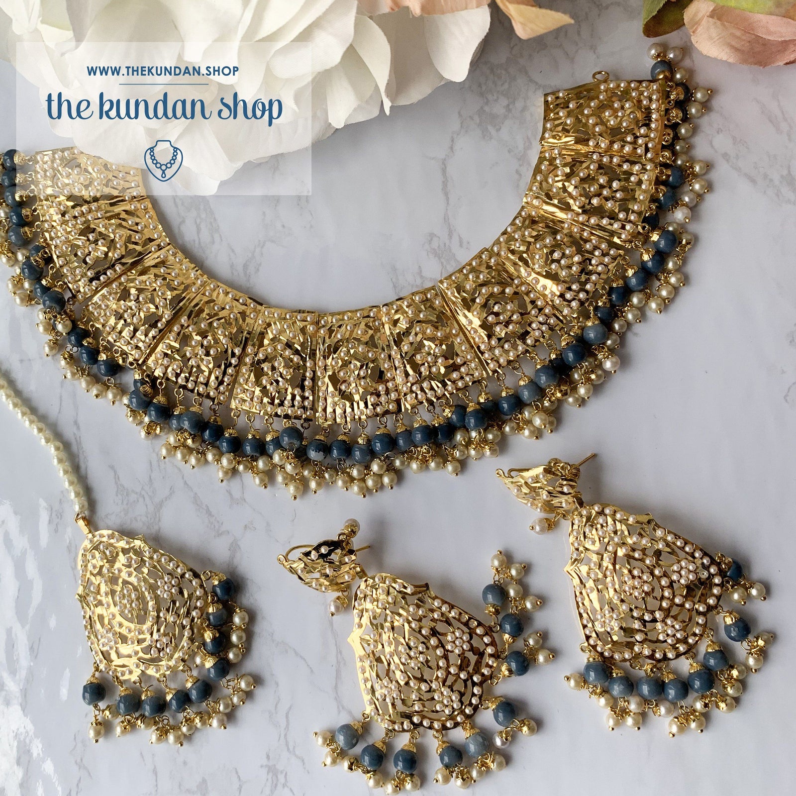 Gleaming in Pearls - Grey Jadau Set, Necklace Sets - THE KUNDAN SHOP