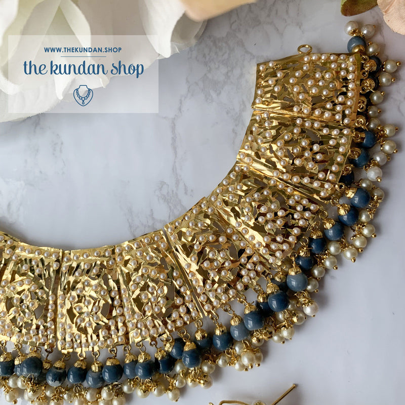 Gleaming in Pearls - Grey Jadau Set, Necklace Sets - THE KUNDAN SHOP