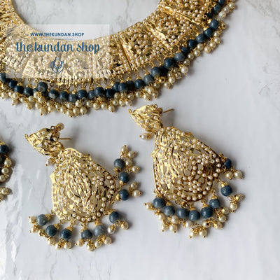 Gleaming in Pearls - Grey Jadau Set, Necklace Sets - THE KUNDAN SHOP