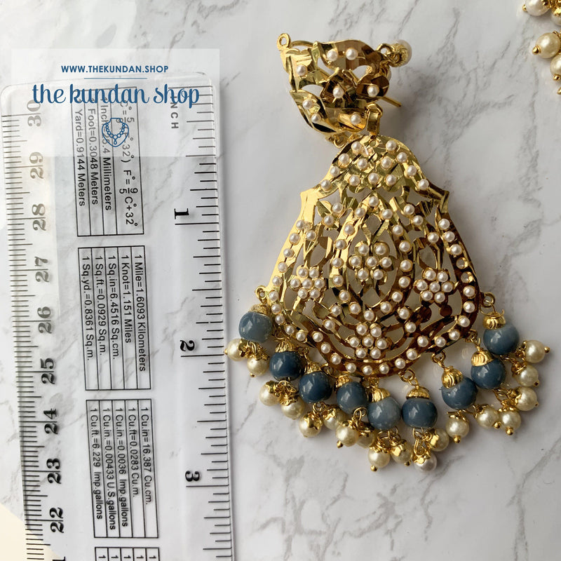 Gleaming in Pearls - Grey Jadau Set, Necklace Sets - THE KUNDAN SHOP
