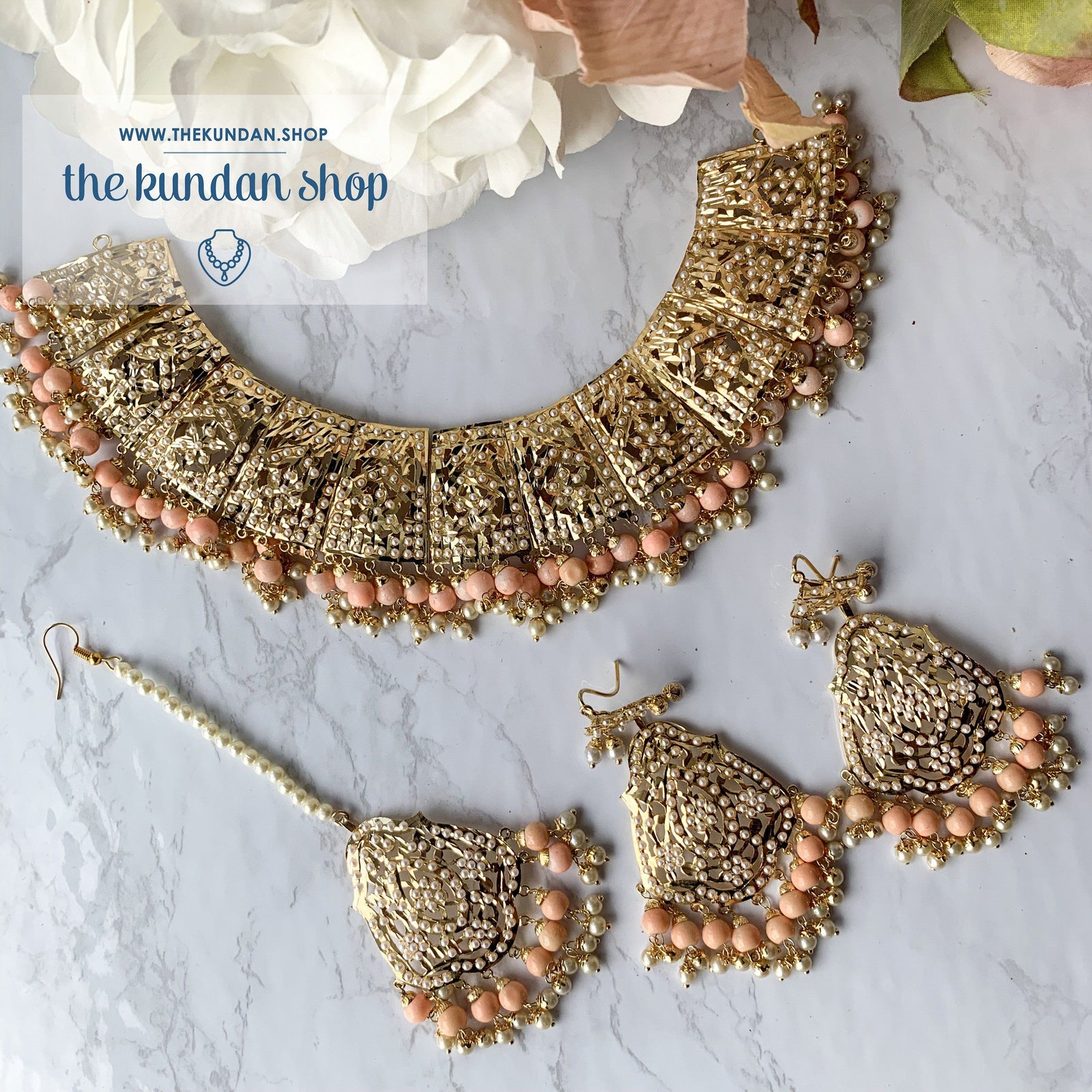 Gleaming in Pearls - Peach Jadau Set, Necklace Sets - THE KUNDAN SHOP