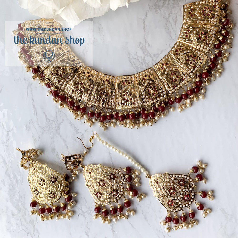 Gleaming in Pearls - Ruby Jadau Set, Necklace Sets - THE KUNDAN SHOP