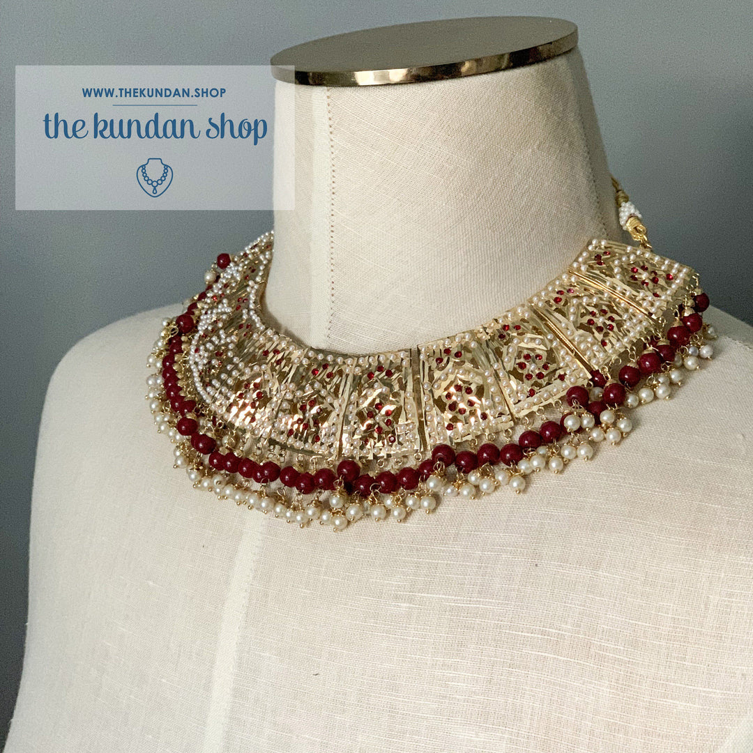 Gleaming in Pearls - Ruby Jadau Set, Necklace Sets - THE KUNDAN SHOP