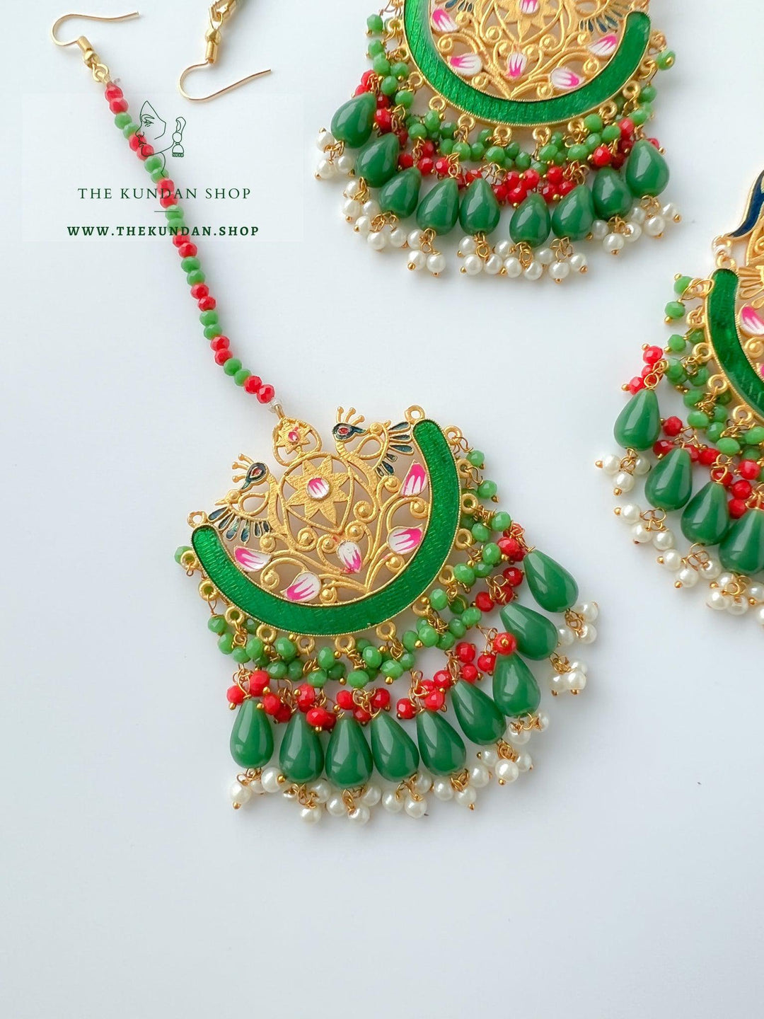 Serene Moorni in Green Earrings + Tikka THE KUNDAN SHOP 