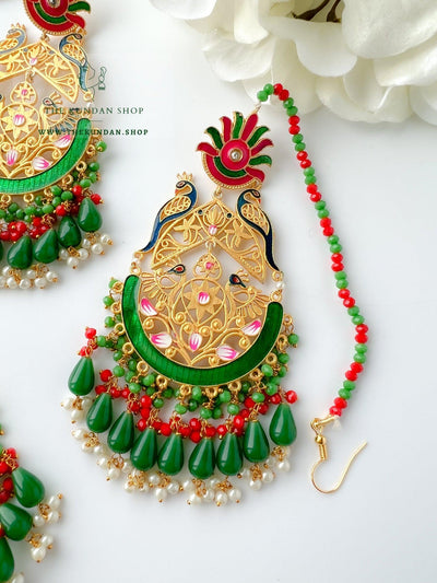 Serene Moorni in Green Earrings + Tikka THE KUNDAN SHOP 
