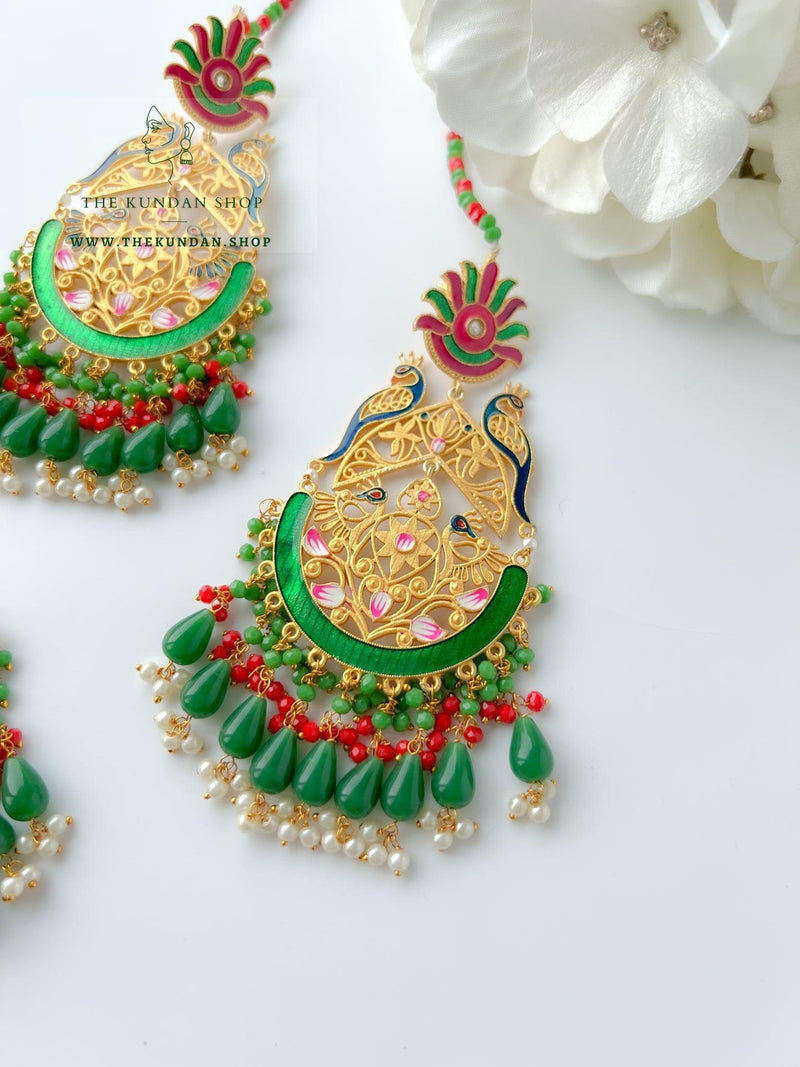 Serene Moorni in Green Earrings + Tikka THE KUNDAN SHOP 
