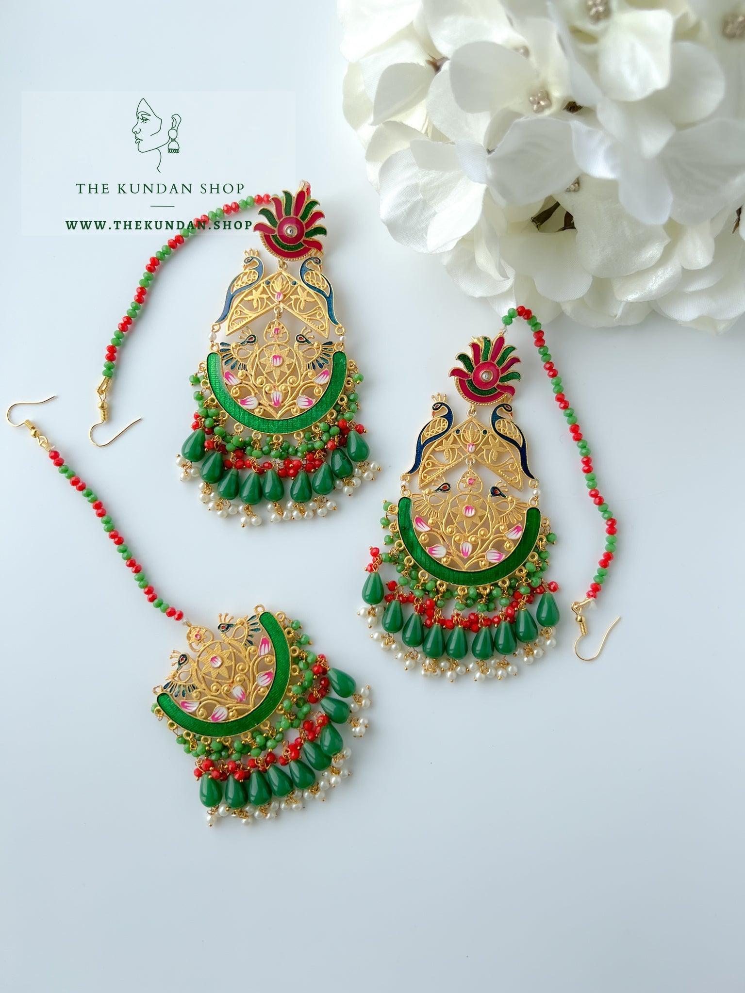 Serene Moorni in Green Earrings + Tikka THE KUNDAN SHOP 