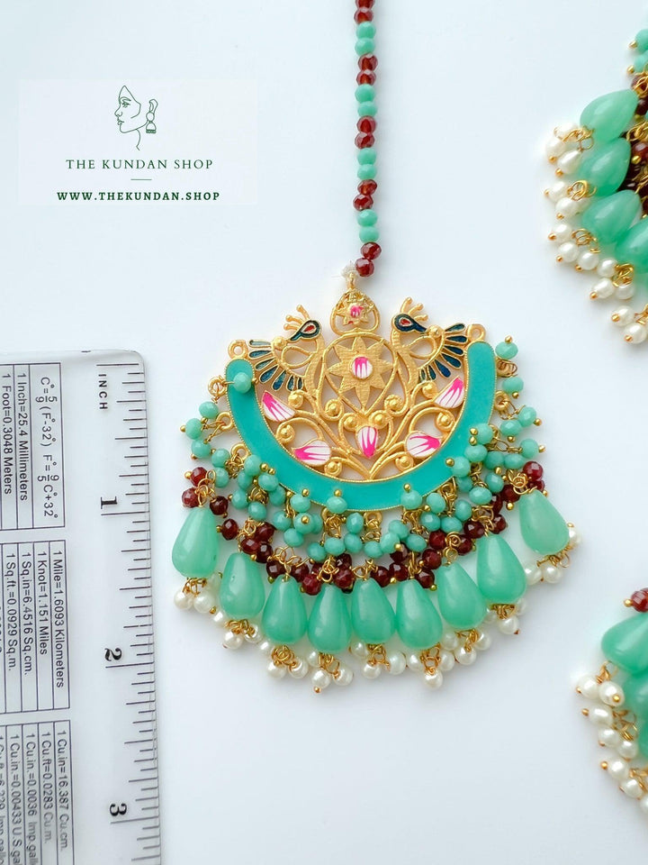 Serene Moorni in Mint Earrings + Tikka THE KUNDAN SHOP 