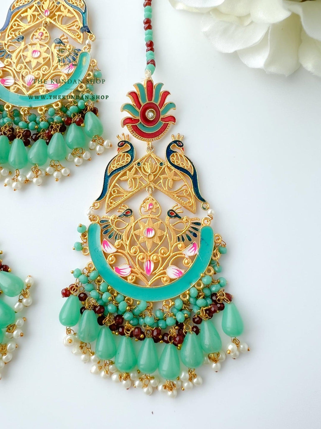 Serene Moorni in Mint Earrings + Tikka THE KUNDAN SHOP 