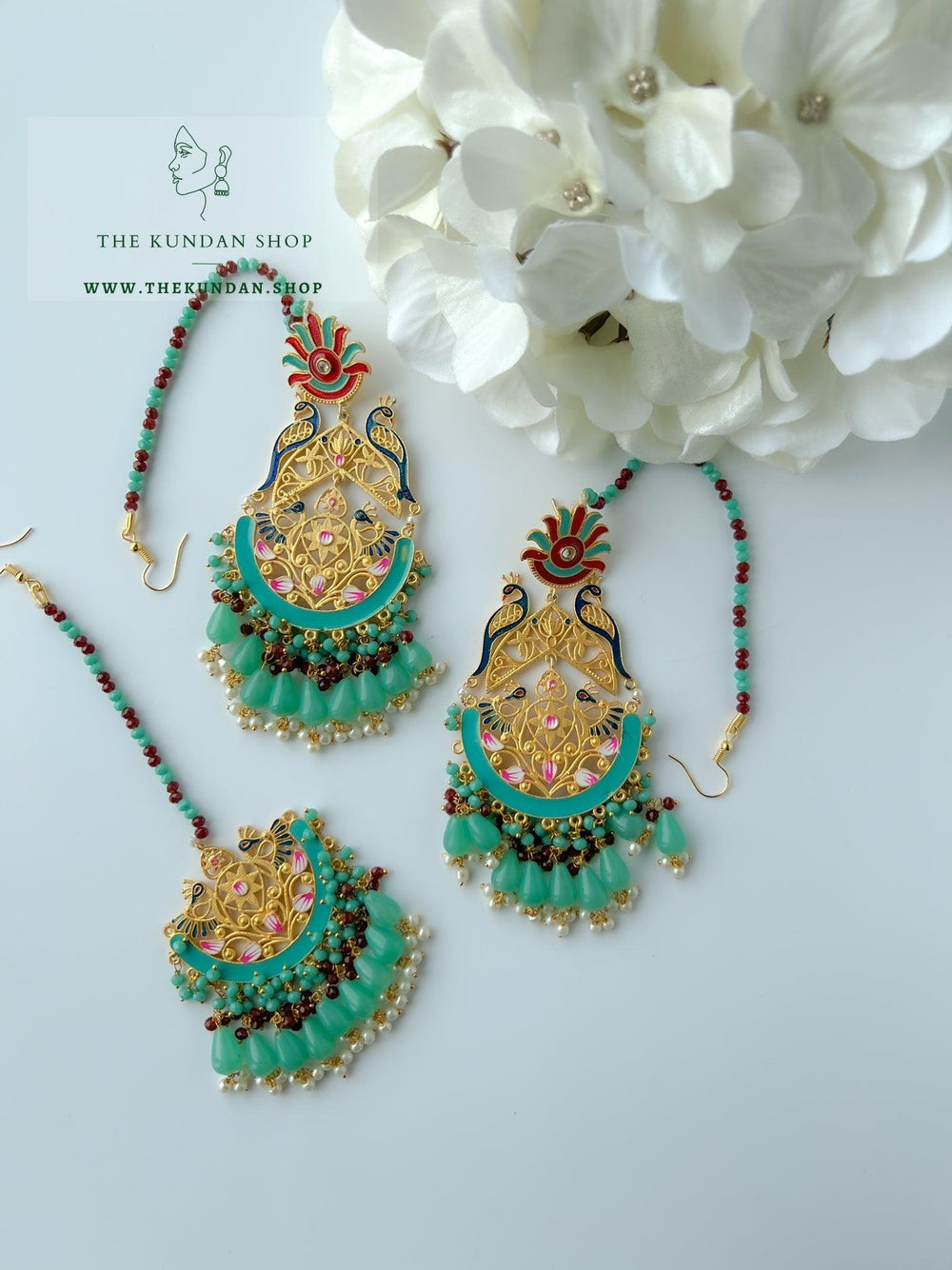 Serene Moorni in Mint Earrings + Tikka THE KUNDAN SHOP 