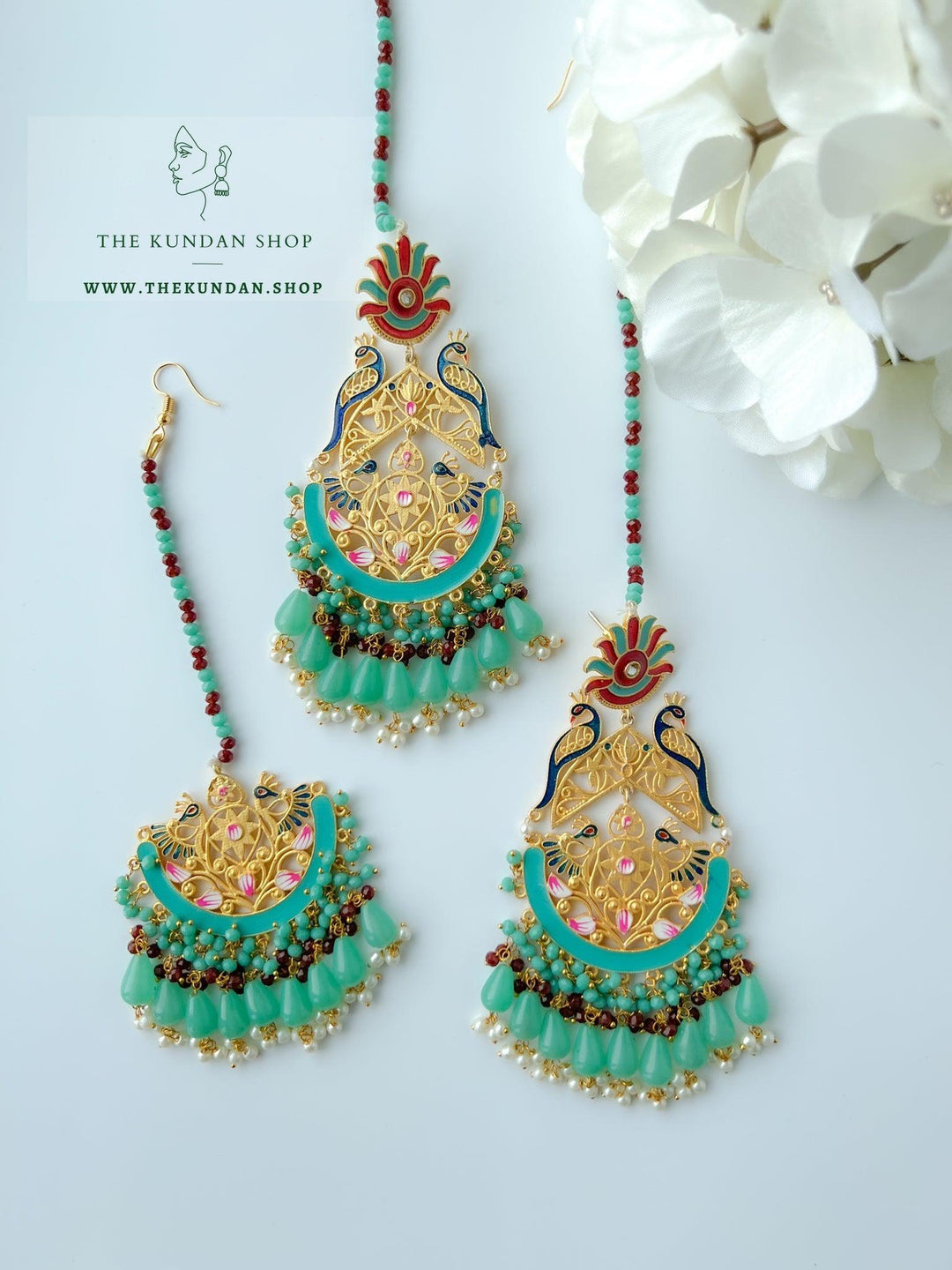 Serene Moorni in Mint Earrings + Tikka THE KUNDAN SHOP 