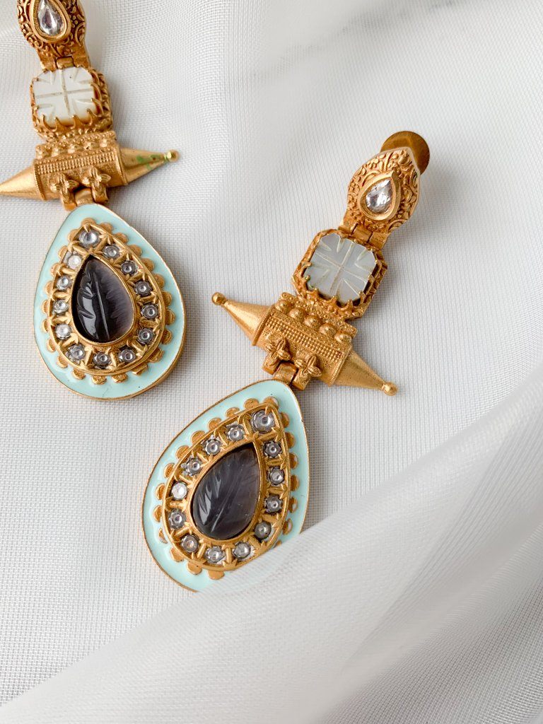 Embossed Tear Drop Earrings THE KUNDAN SHOP Mint & Grey 