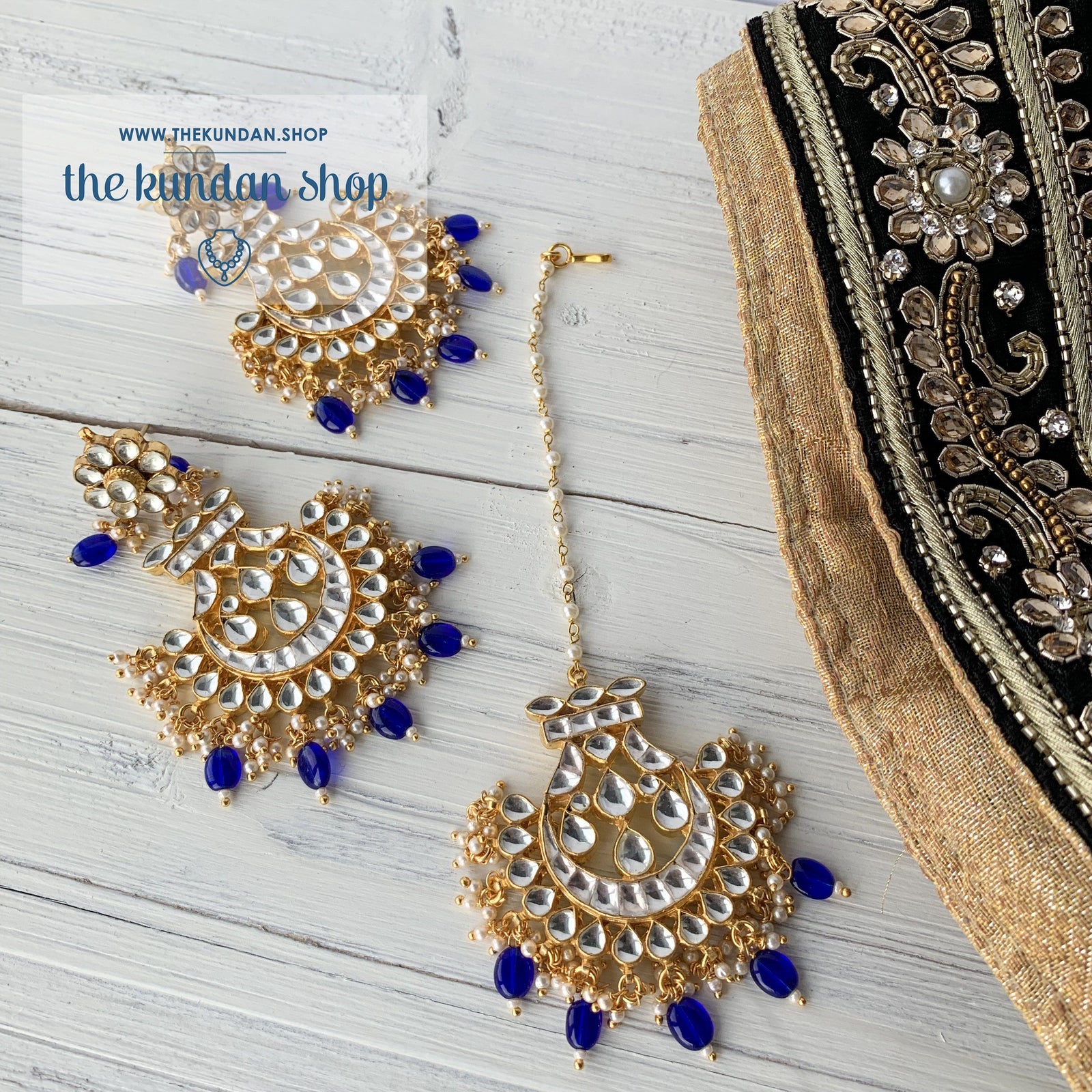 Outrageous - Blue, Earrings + Tikka - THE KUNDAN SHOP