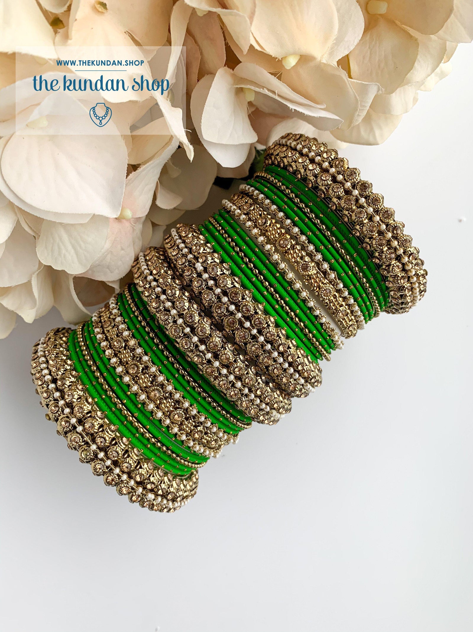 Dotted Bangle Set in Pearl & Green Bangles THE KUNDAN SHOP 