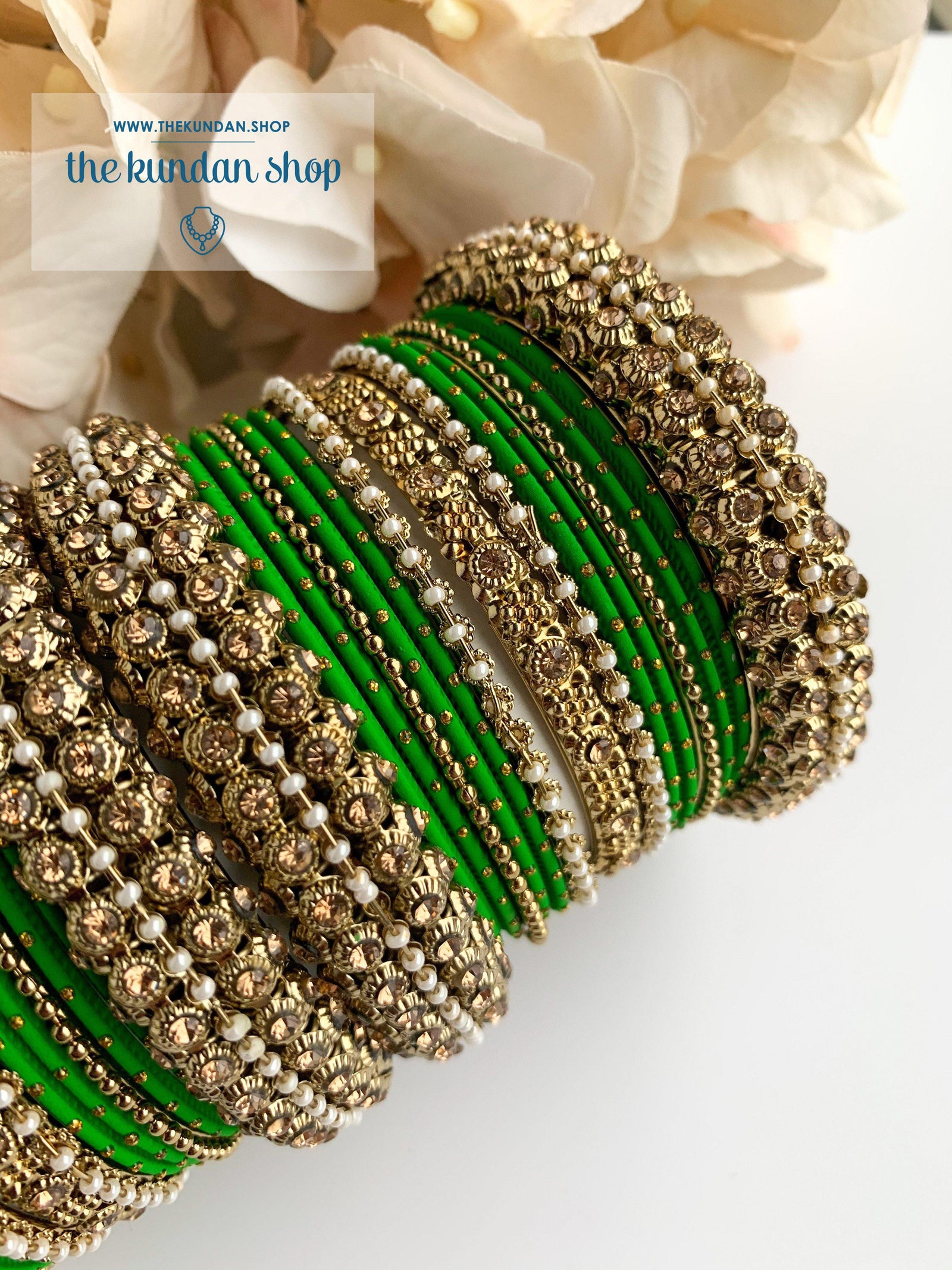 Dotted Bangle Set in Pearl & Green Bangles THE KUNDAN SHOP 