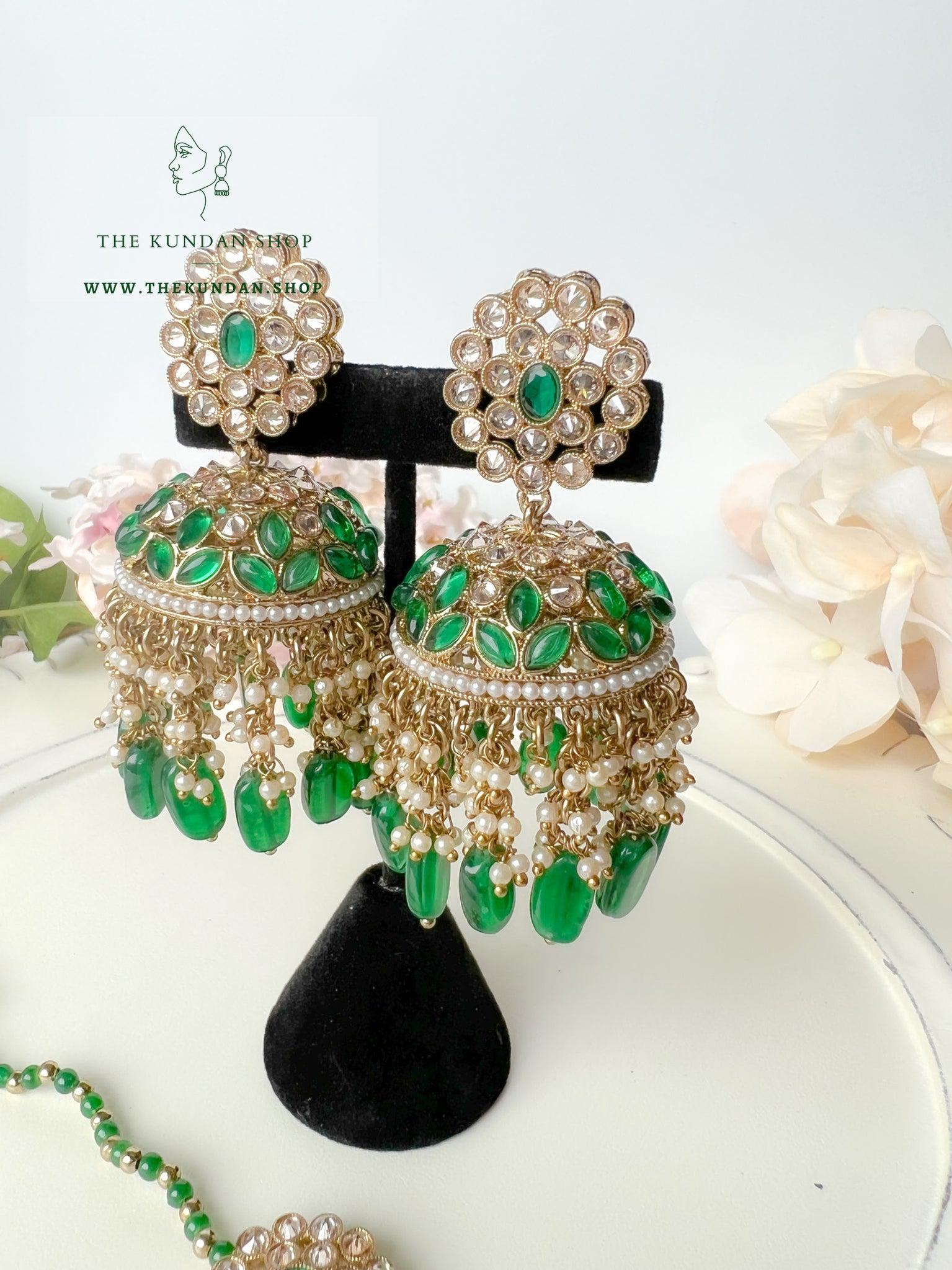 Jhumkis from Heaven in Green Earrings + Tikka THE KUNDAN SHOP 