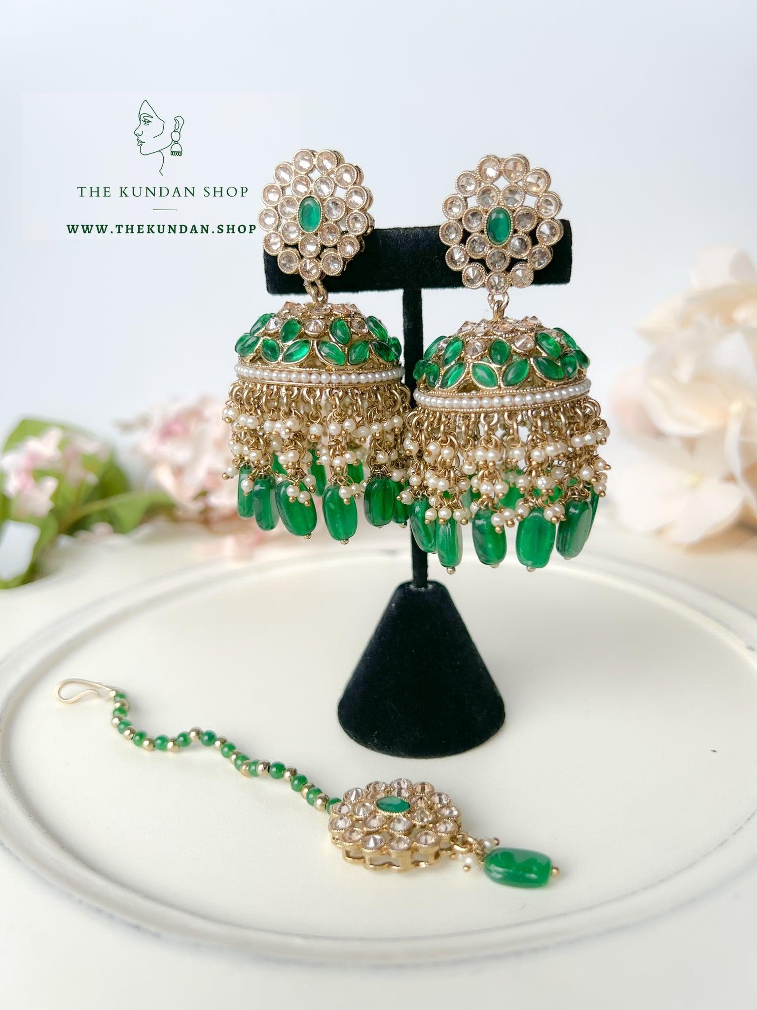 Jhumkis from Heaven in Green Earrings + Tikka THE KUNDAN SHOP 
