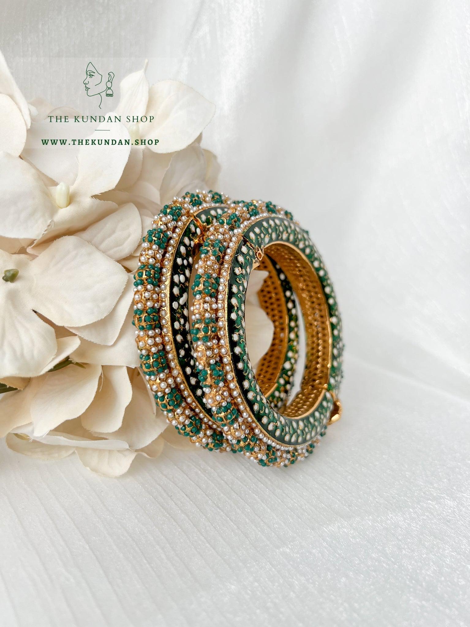Studded Pearls in Emerald Bangles THE KUNDAN SHOP 