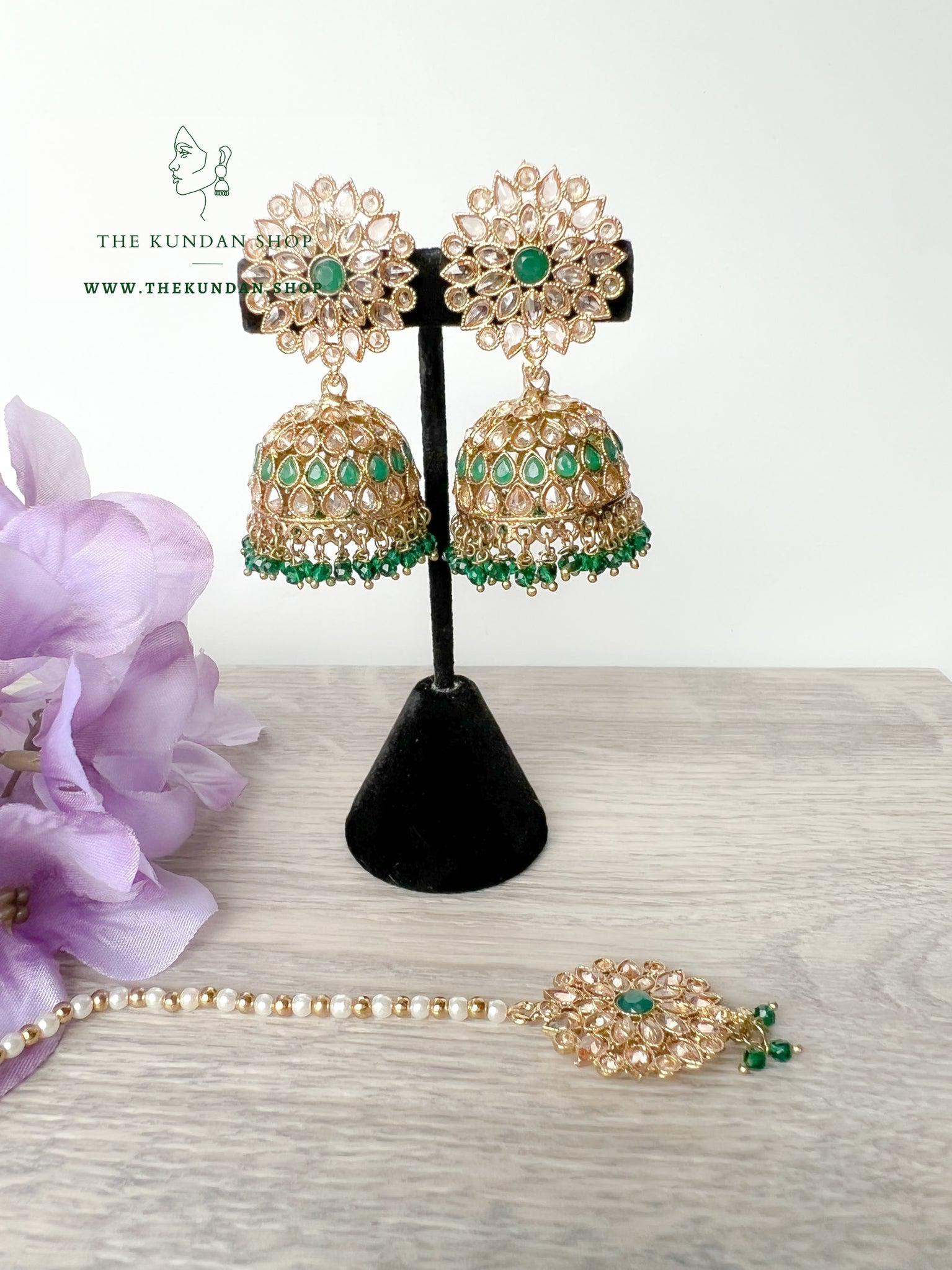 Misty Jhumkis in Green Earrings + Tikka THE KUNDAN SHOP 