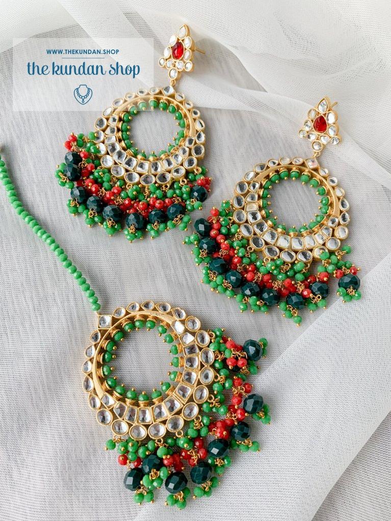Aura in Green & Red Orange Earrings + Tikka THE KUNDAN SHOP 