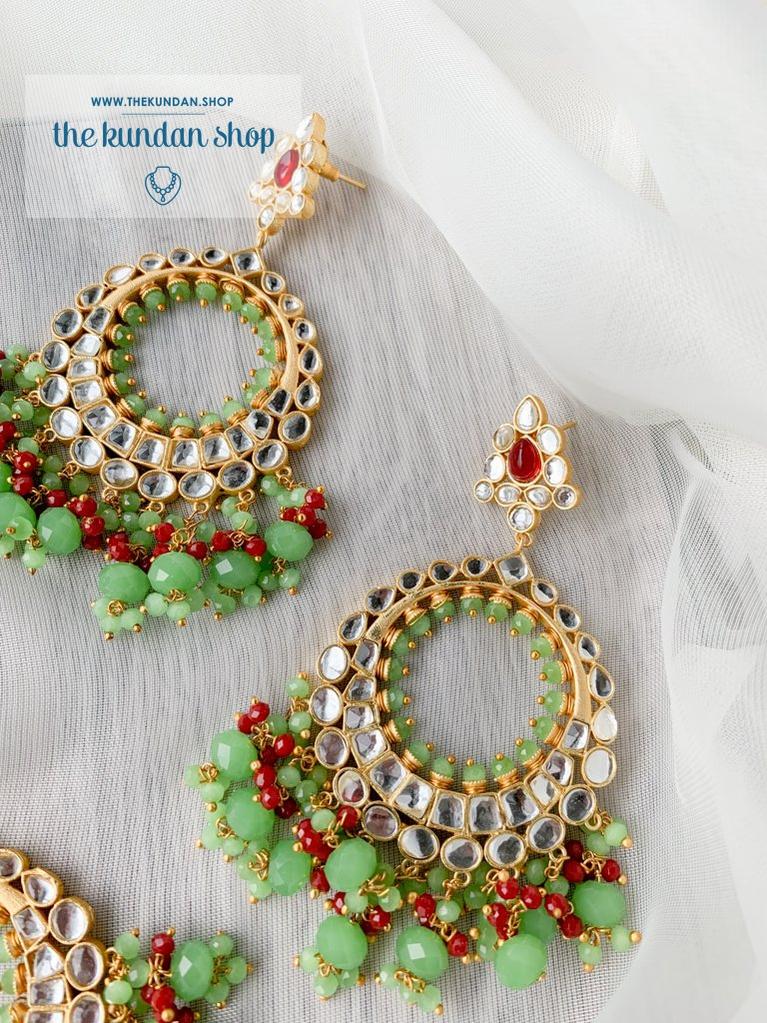 Aura in Green & Red Earrings + Tikka THE KUNDAN SHOP 