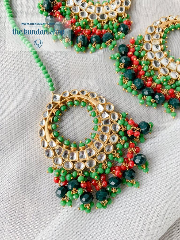 Aura in Green & Red Orange Earrings + Tikka THE KUNDAN SHOP 