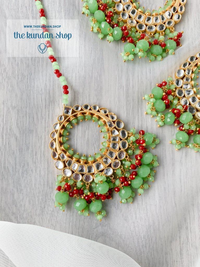 Aura in Green & Red Earrings + Tikka THE KUNDAN SHOP 