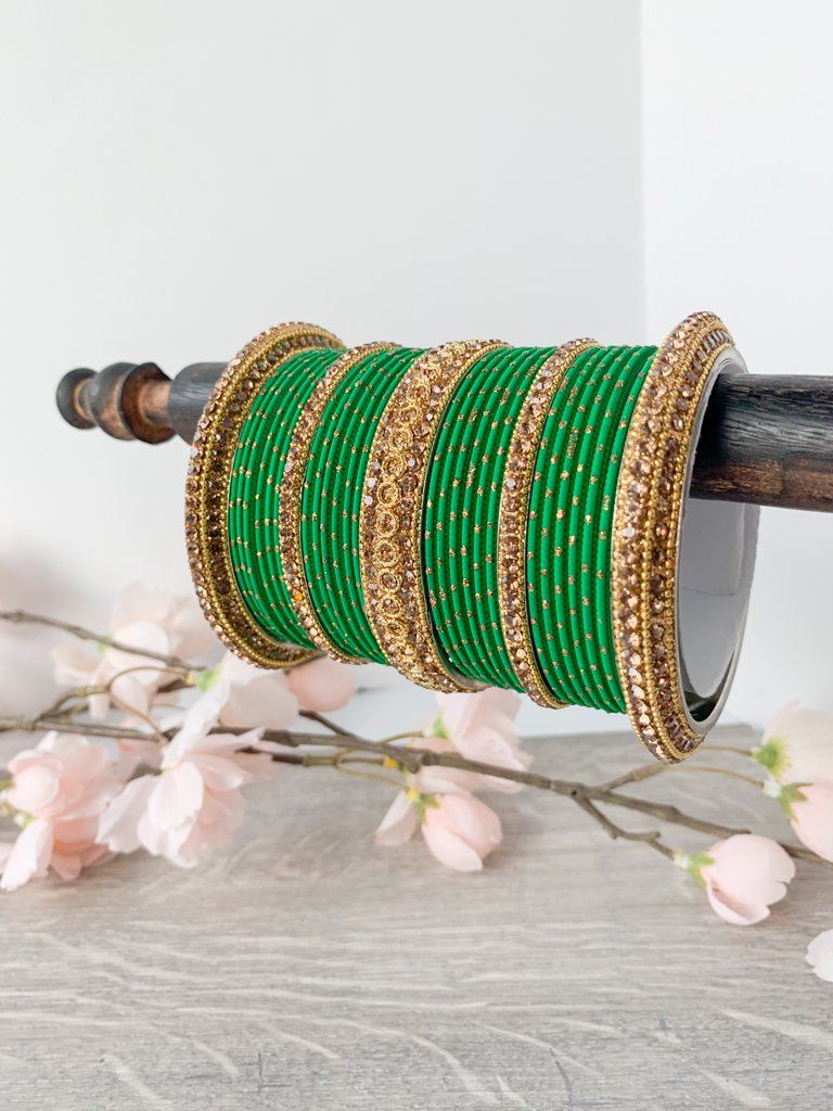 Rhinestone & Dotted Bangles in Green Bangles THE KUNDAN SHOP 