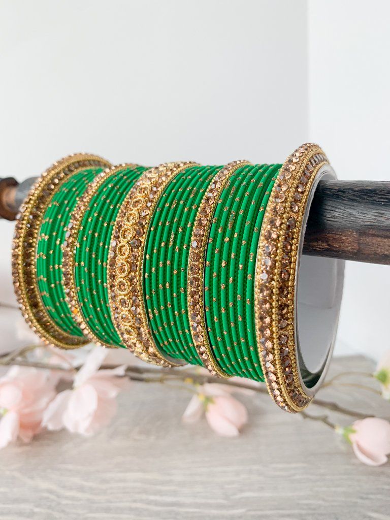 Rhinestone & Dotted Bangles in Green Bangles THE KUNDAN SHOP 