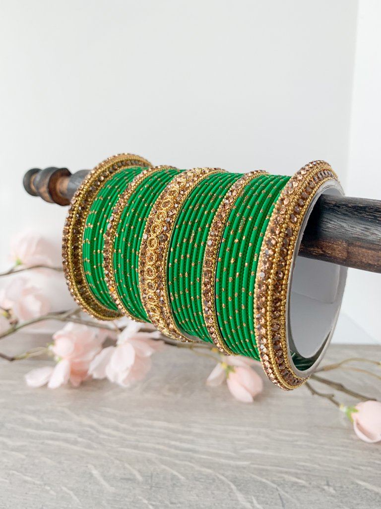 Rhinestone & Dotted Bangles in Green Bangles THE KUNDAN SHOP 