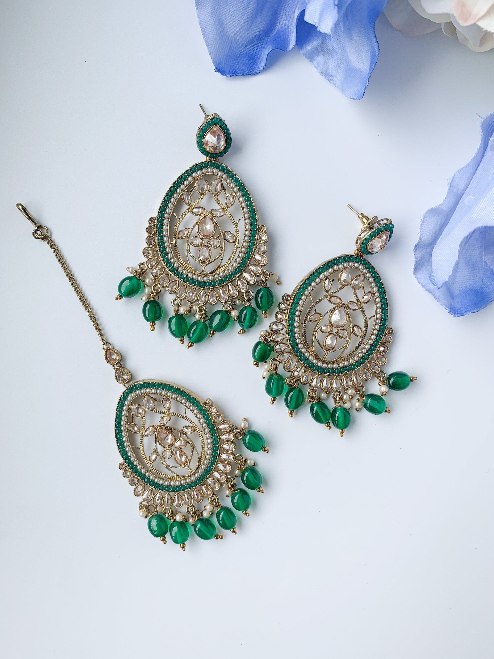 Forgiving in Green Earrings + Tikka THE KUNDAN SHOP 