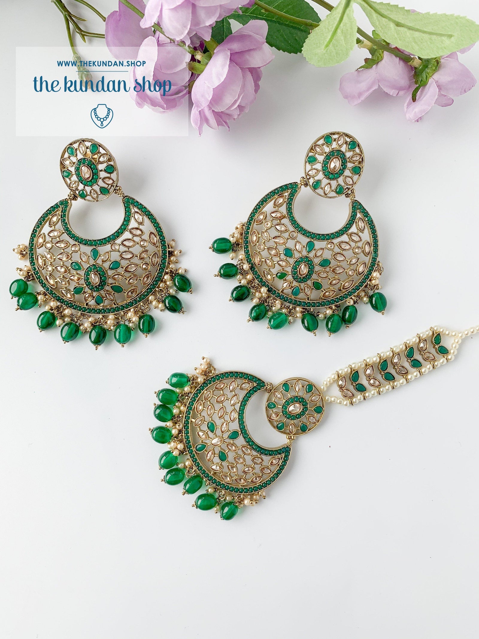 Softly Set in Green Earrings + Tikka THE KUNDAN SHOP 