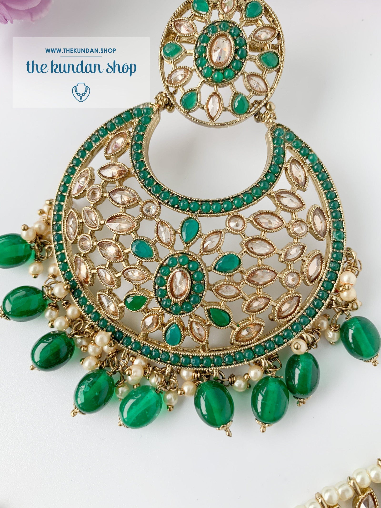 Softly Set in Green Earrings + Tikka THE KUNDAN SHOP 