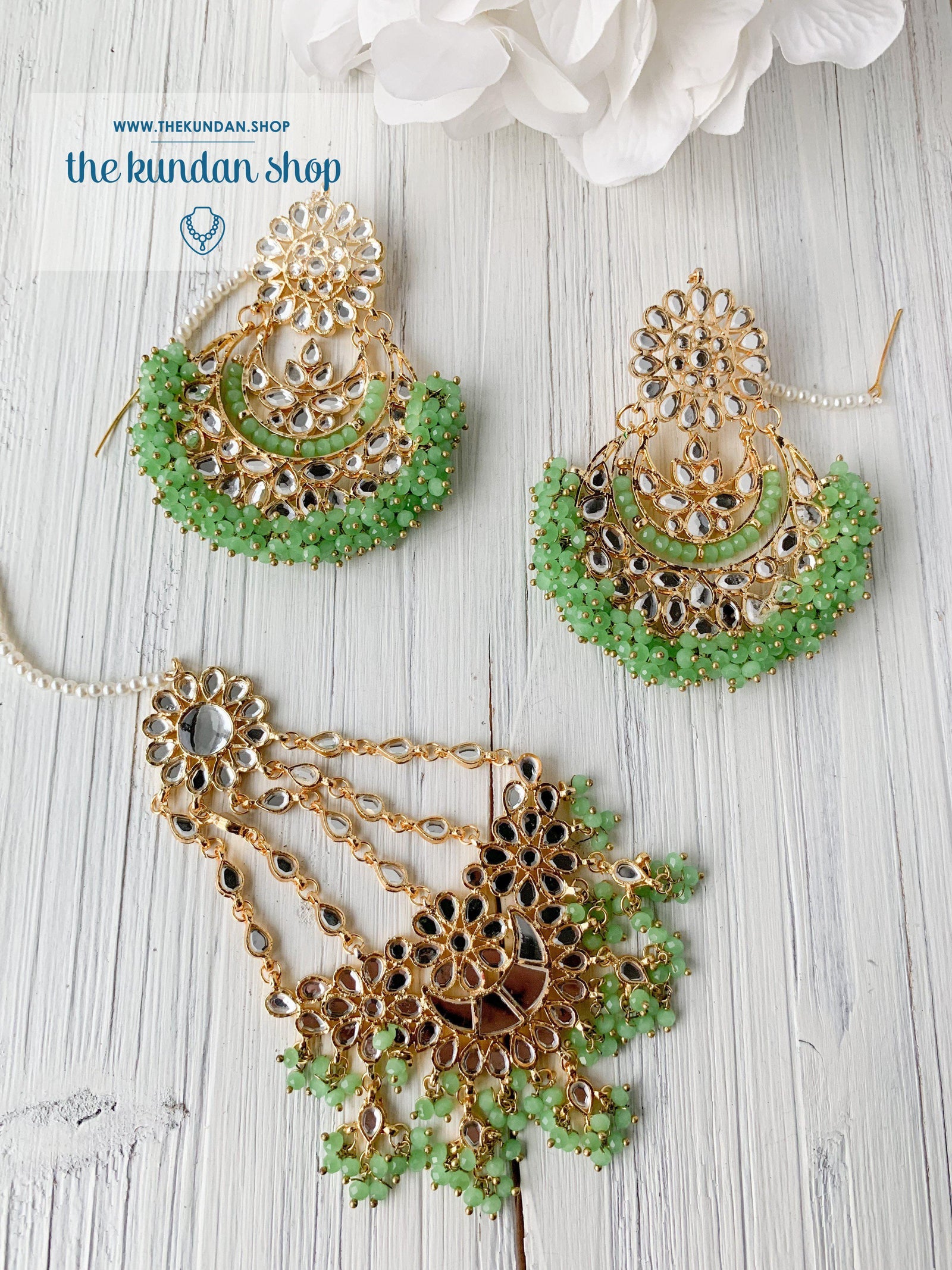 Glistening Mirror in Shamrock Green Earrings + Tikka THE KUNDAN SHOP 