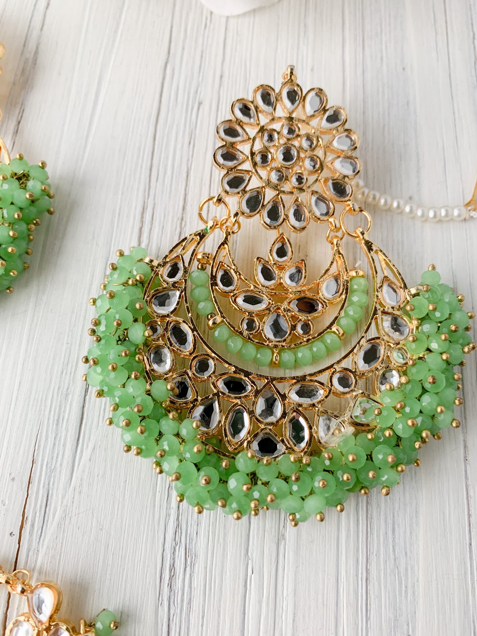 Glistening Mirror in Shamrock Green Earrings + Tikka THE KUNDAN SHOP 