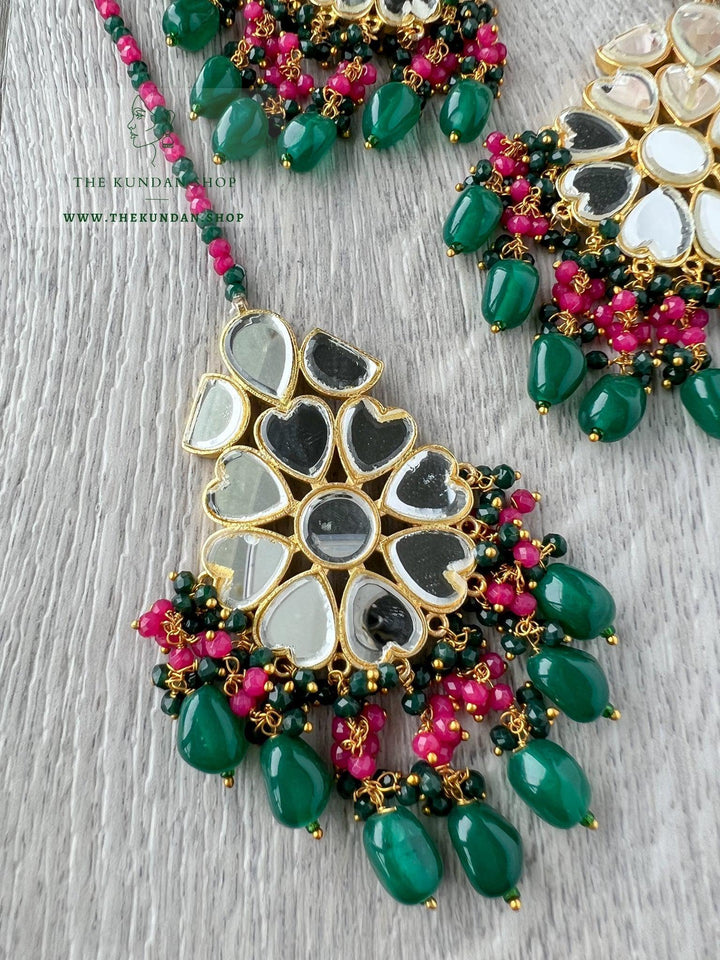 Floral Mirrors in Green Earrings + Tikka THE KUNDAN SHOP 