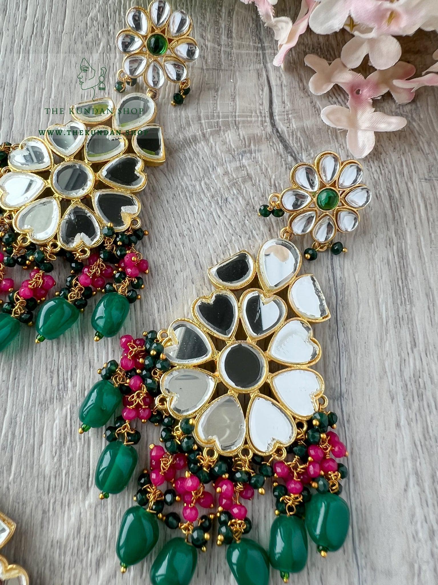 Floral Mirrors in Green Earrings + Tikka THE KUNDAN SHOP 