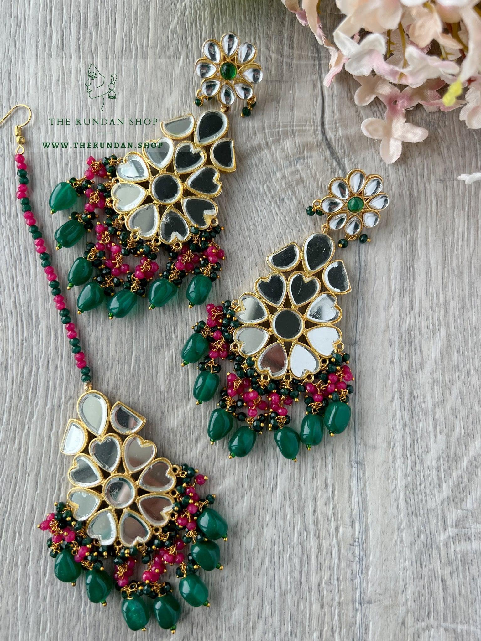 Floral Mirrors in Green Earrings + Tikka THE KUNDAN SHOP 