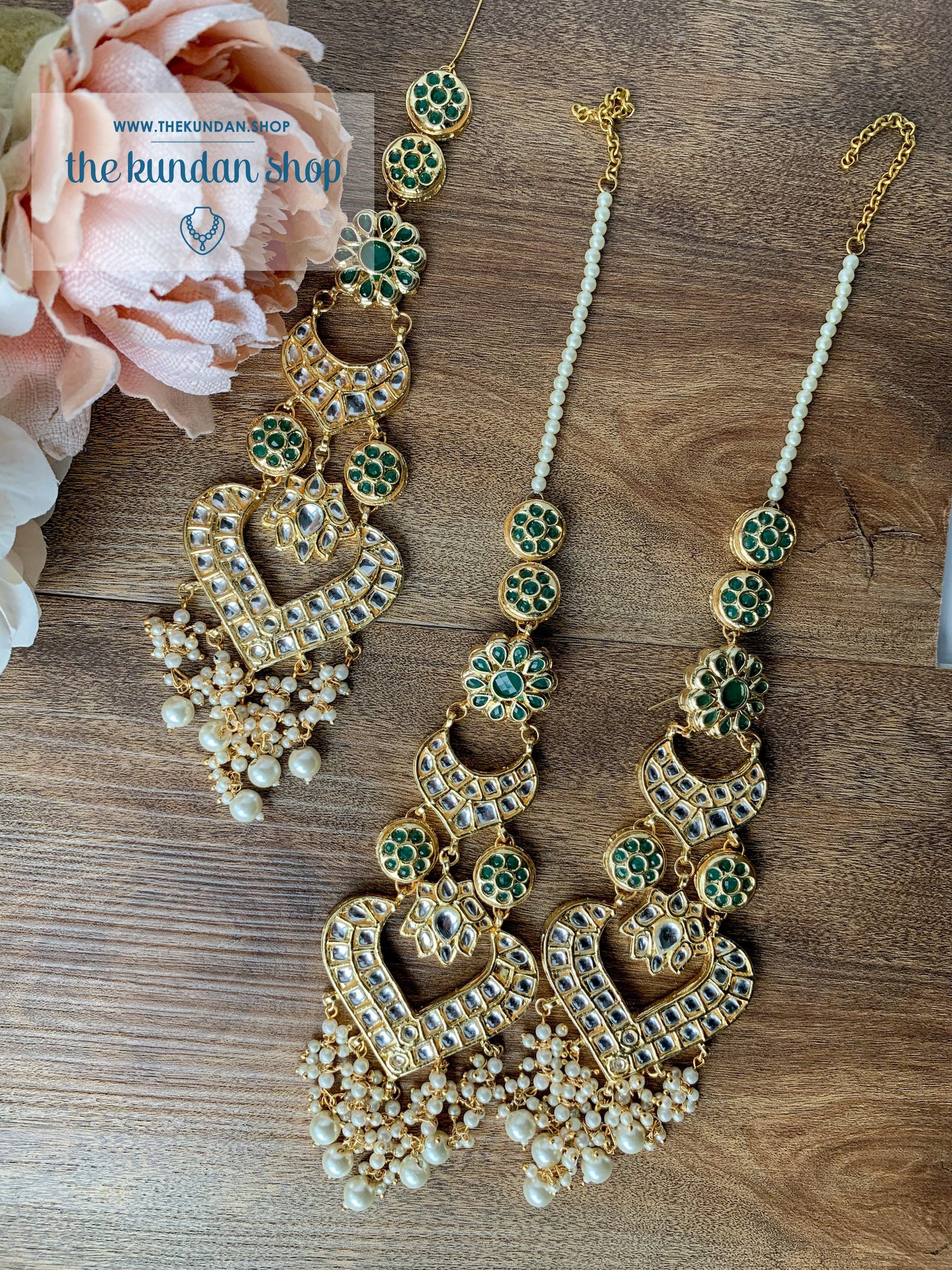 Queenly in Green Earrings + Tikka THE KUNDAN SHOP 
