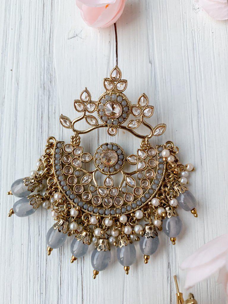 Dedication in Grey Earrings + Tikka THE KUNDAN SHOP 