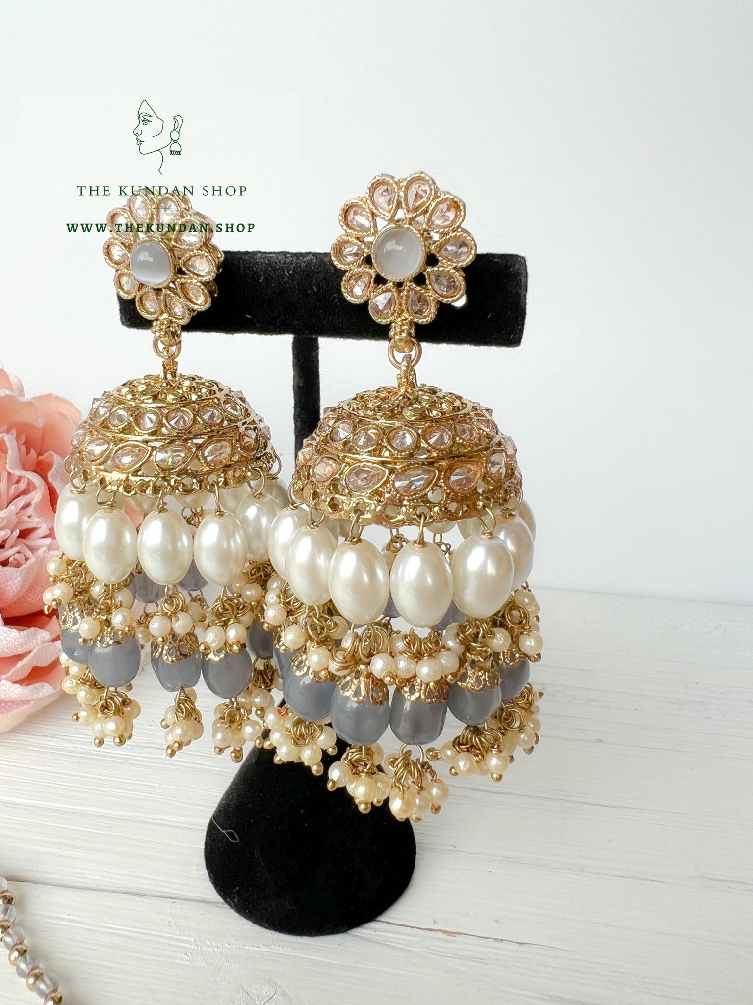 Finery Jhumkis in Grey Earrings + Tikka THE KUNDAN SHOP 