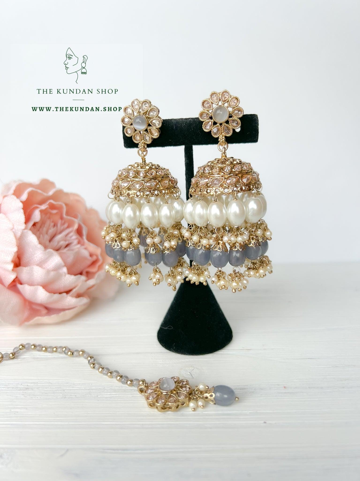 Finery Jhumkis in Grey Earrings + Tikka THE KUNDAN SHOP 