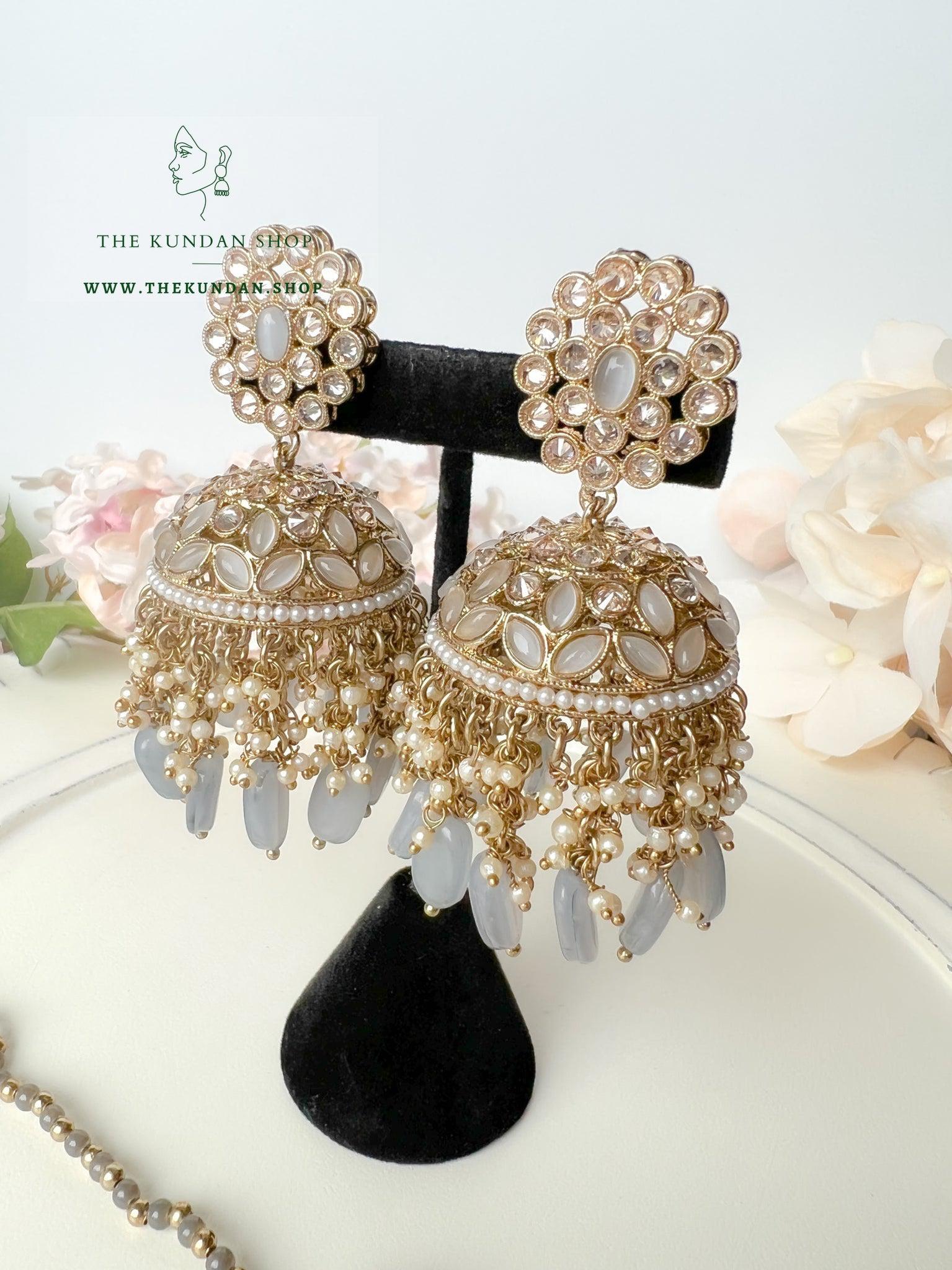 Jhumkis from Heaven in Grey Earrings + Tikka THE KUNDAN SHOP 