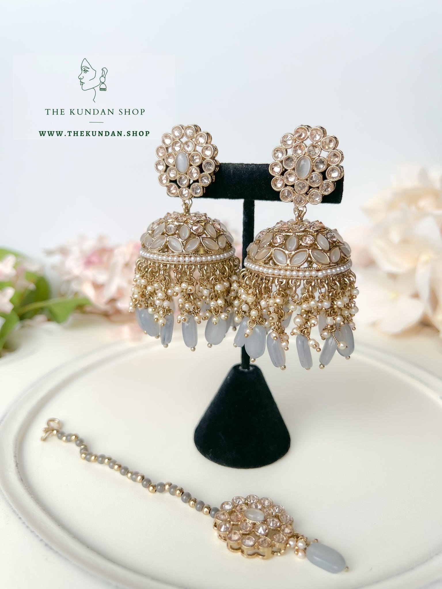 Jhumkis from Heaven in Grey Earrings + Tikka THE KUNDAN SHOP 