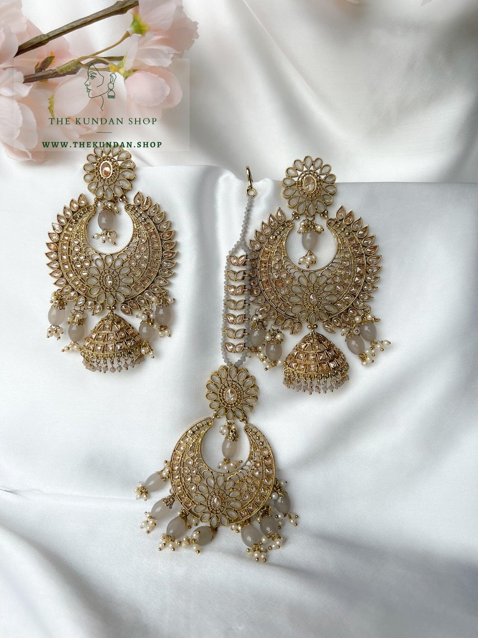 Chosen Polki in Grey Earrings + Tikka THE KUNDAN SHOP 