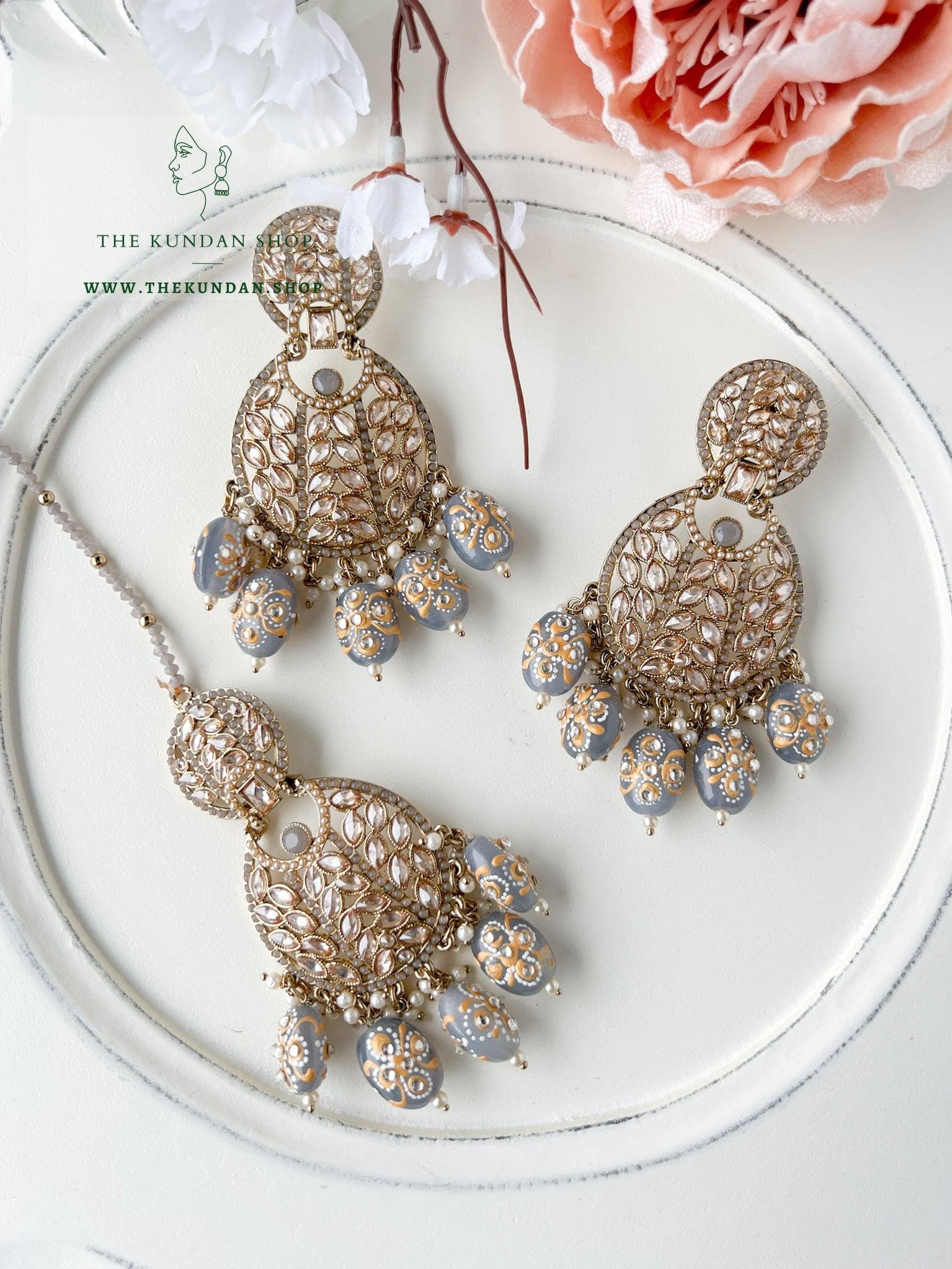 Whispers in Grey Earrings + Tikka THE KUNDAN SHOP 