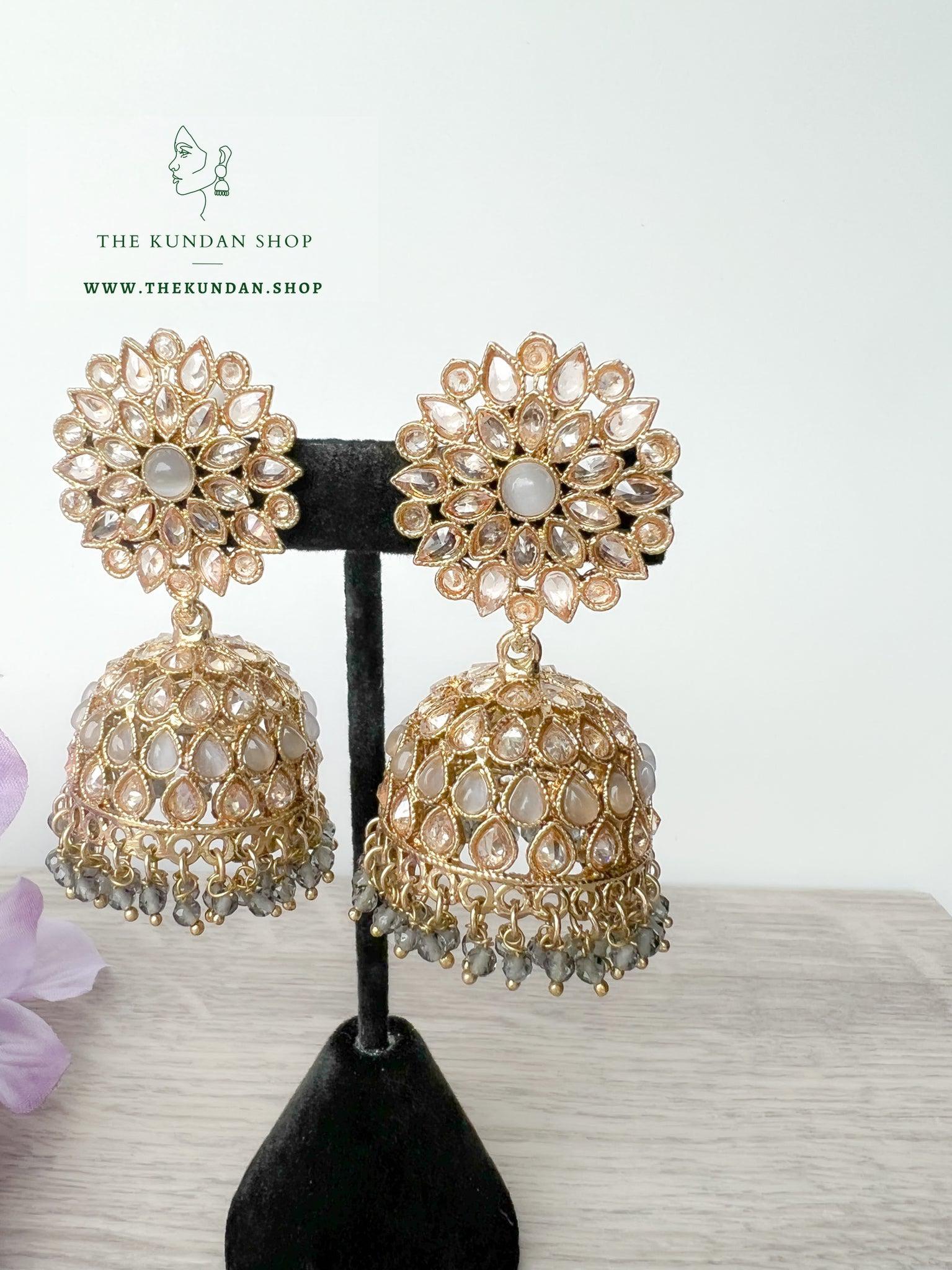 Misty Jhumkis in Grey Earrings + Tikka THE KUNDAN SHOP 